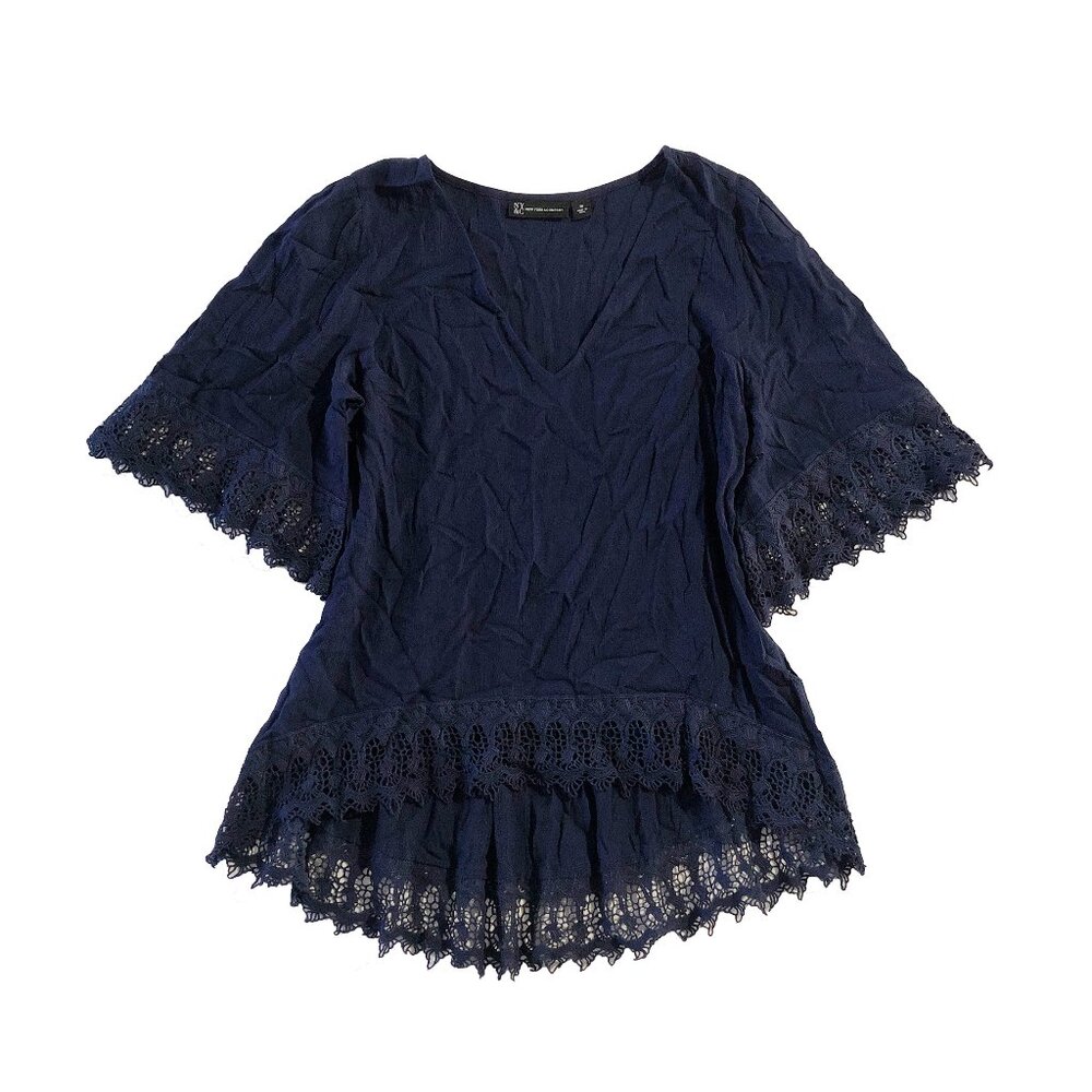 New York & Company Womens Sz M Navy V-Neck Lace Hi Low Half Sleeve Tunic Blouse